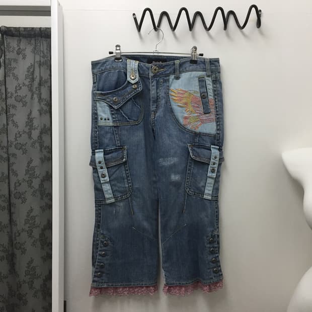 빈티지 자수 레이스 카고 데님