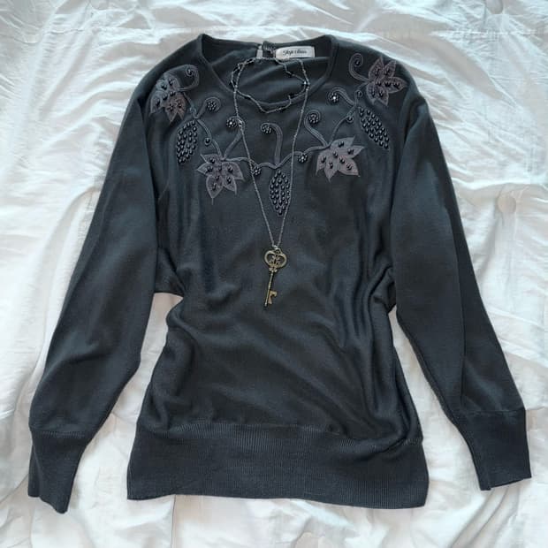 플라워 자수 니트 그레이 일본빈티지 앤틱 오리엔탈 모리걸 하구미 히메카지