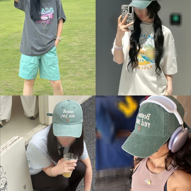 크림베이지 그린 레터링 엠엘비 볼캡 모자 