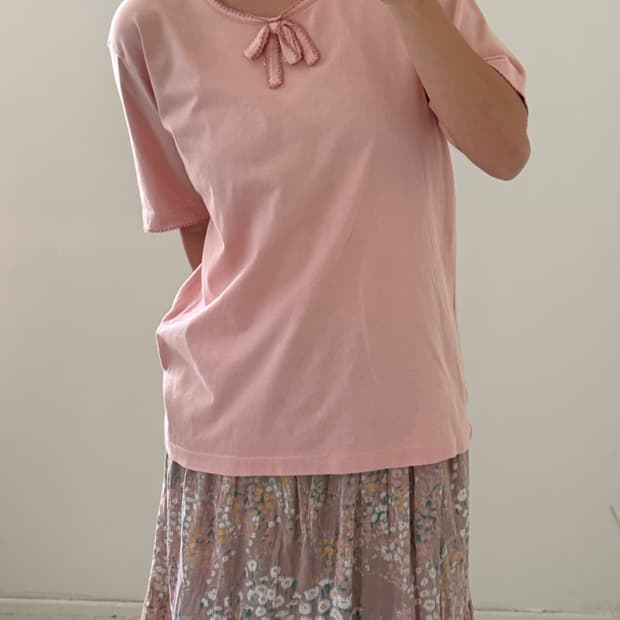 일본빈티지 핑크하우스 베이비핑크 리본 반팔티