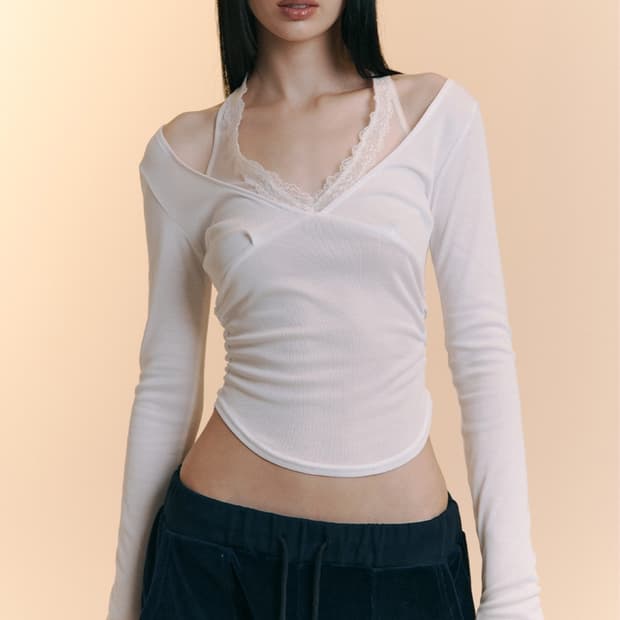 플리즈노팔로우 아멜리아 레이스 홀터 롱슬리브 탑
