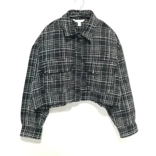 H&M 체크 히든버튼 트위드 숏 자켓 M_M1382
