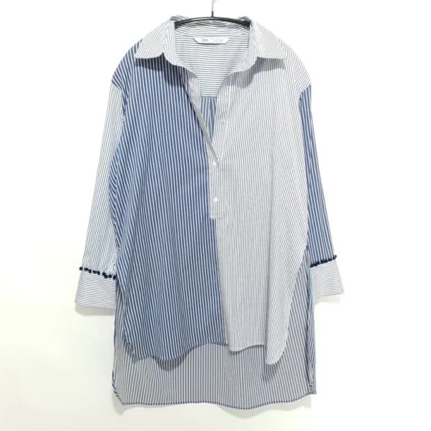 자라 스트라이프 배색 오픈카라 롱 셔츠 S_M1398