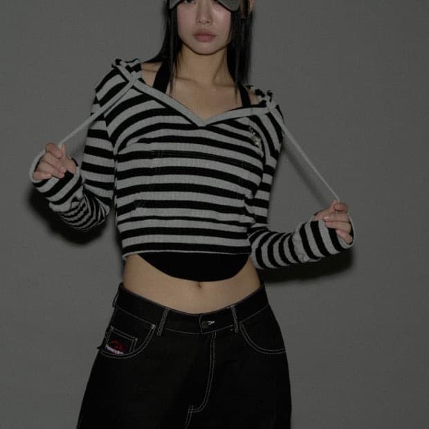 Deer Ribbed Crop Hoodie 스트라이프 