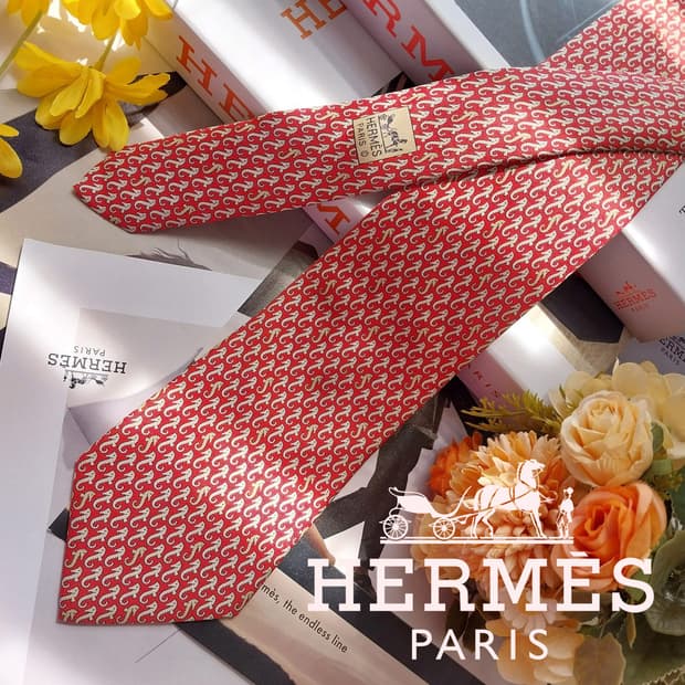 에르메스 실크 레드 해마 패턴 넥타이 9.0cm A+등급 K2548