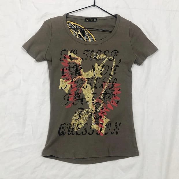 빈티지 그런지 프린팅 시스루 반팔 티셔츠 오리엔탈 펑크