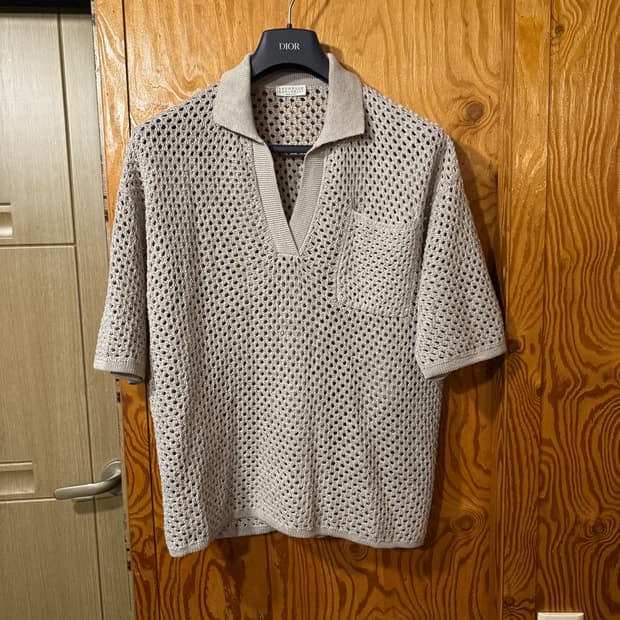 브루넬로 쿠치넬리 그물 니트 반팔 폴로 셔츠