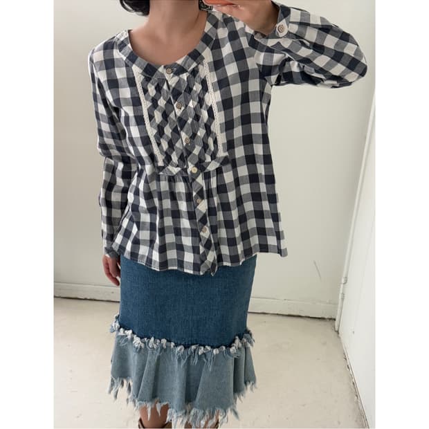 일본빈티지 네이비 체크 레이스 블라우스