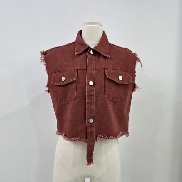 브릭 레드 컷오프 크롭 데님 베스트