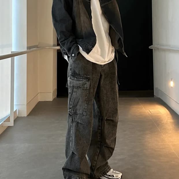 워싱 데님 카고 와이드 팬츠