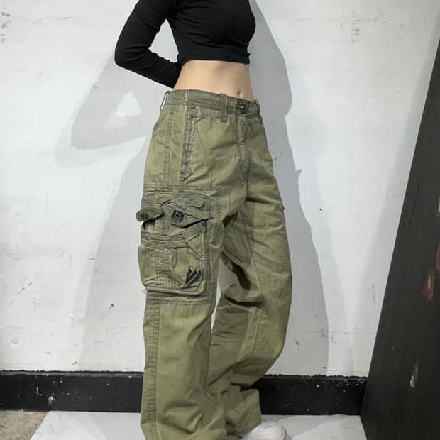 빈티지 y2k 올리브 카키 포켓 포인트 카고 팬츠 와이드 바지 