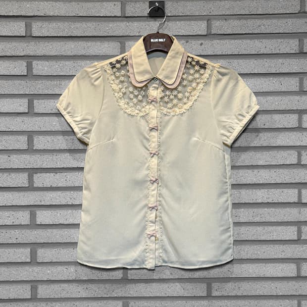  JPN VINTAGE 반팔 셔츠 시스루 리벳 단추 디테일 베이지