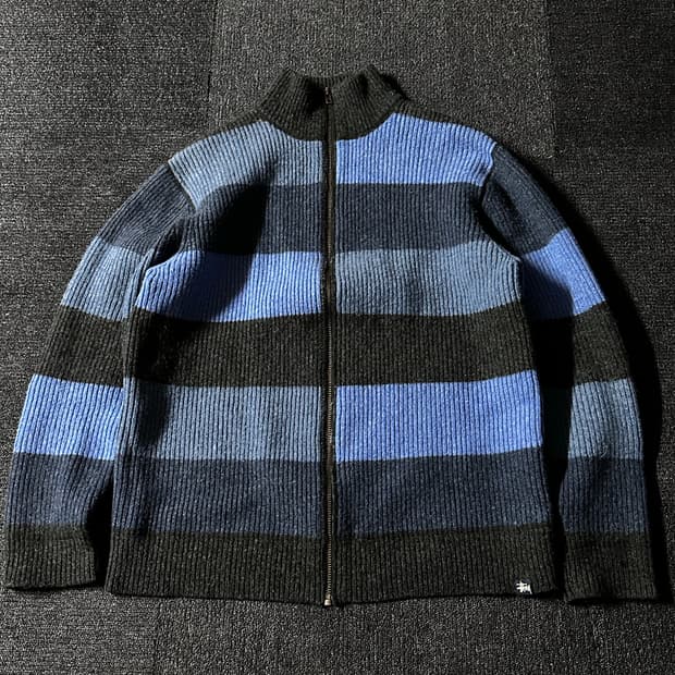 old stussy 올드 스투시 램스울 스트라이프 니트 울 집업자켓 