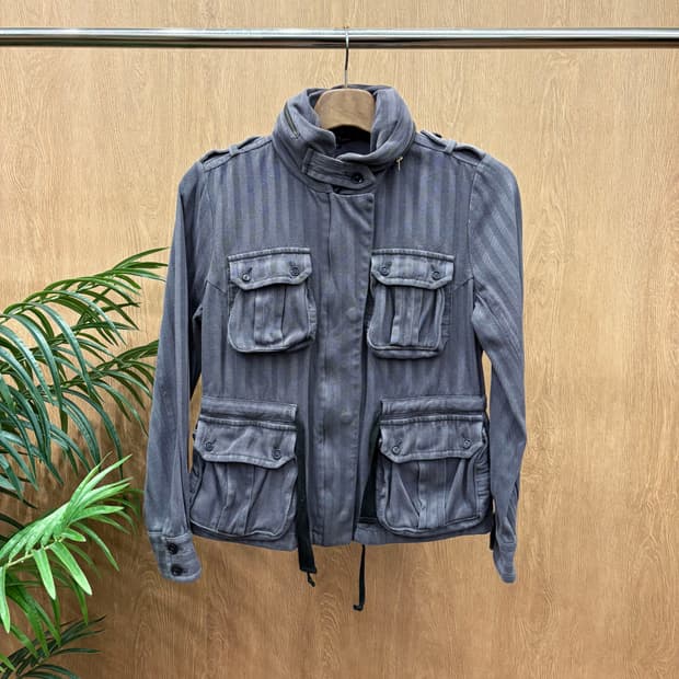  이자벨마랑 에뚜왈 하이넥 자켓 더블 포켓 스트라이프 패턴 디테일 그레이