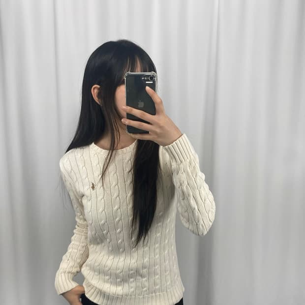 폴로 아이보리 코튼 꽈배기 니트