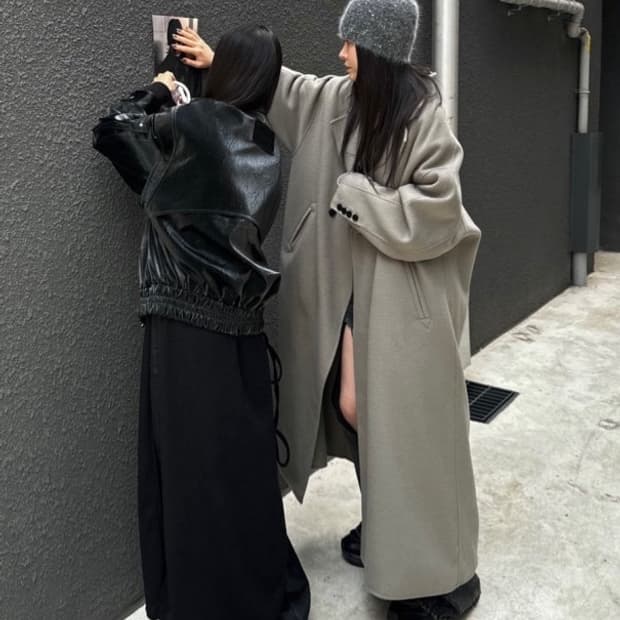 트리밍버드 핸드메이드 와이드 롱코트 카키그레이