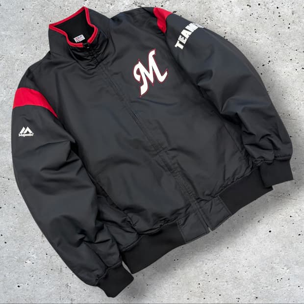 [L] 마제스틱 마린스 로고 블랙 야구 바시티 점퍼 자켓 D390