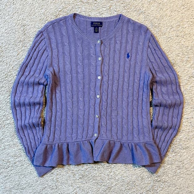 폴로 랄프로렌 걸즈 케이블 코튼 페플럼 가디건 라벤더