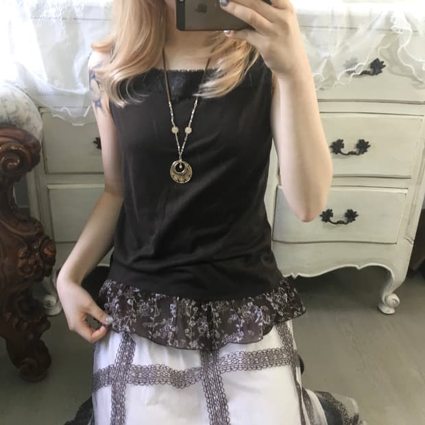 일본빈티지 브라운 레이스 프릴 슬리브리스