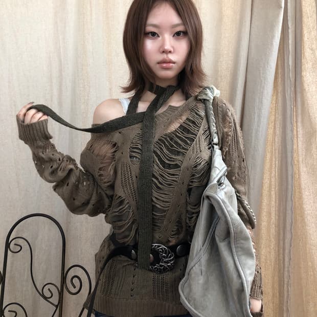 SLY 카키 그런지 디스트로이드 니트