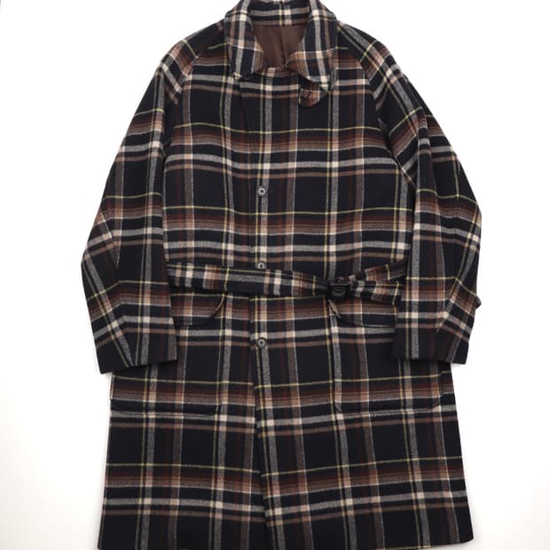 Shirter 벨티드 울 체크 코트 체크 네이비