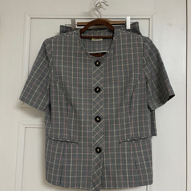 Viyella 체크 썸머울 반팔 자켓 스커트 셋업