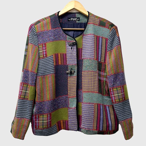 JPN 울 블렌드 토글 버튼 체크 패치워크 빈티지 자켓 여성