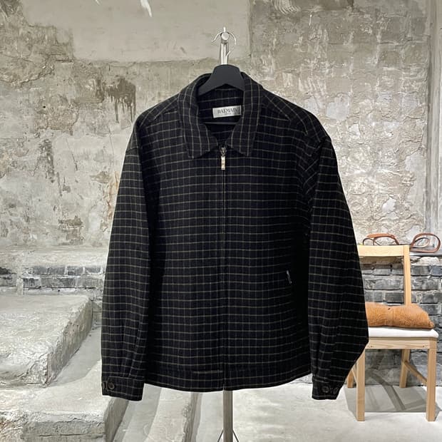 발망 다크 브라운 체크 울 집업 자켓