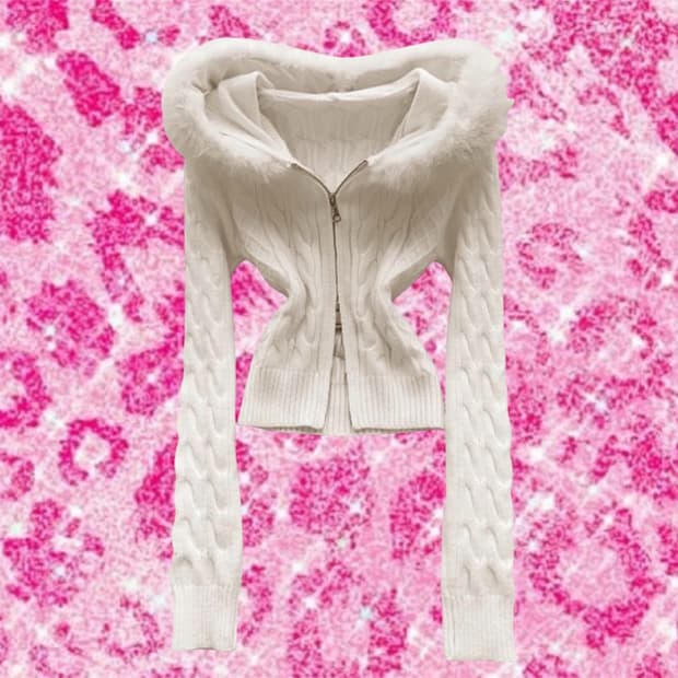 갸루 스타일🤍퍼 후드 케이블 슬림 크롭 니트집업