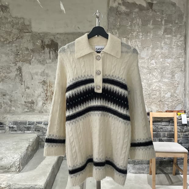 가니 아이보리 노르딕 알파카 울 케이블 니트