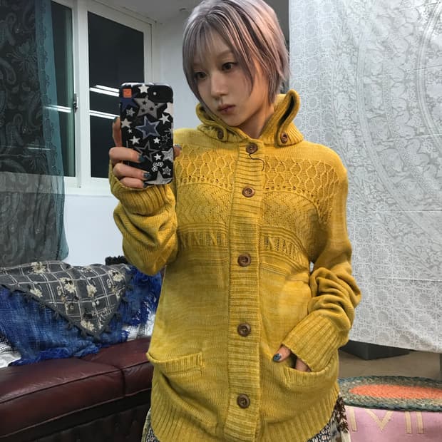 JACKROSE 빈티지 하이넥 니트 롱 가디건