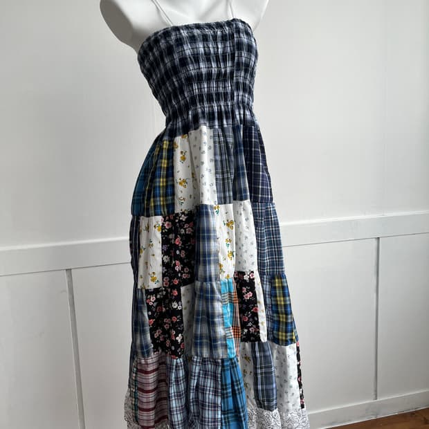 블루 체크 패치 롱 원피스