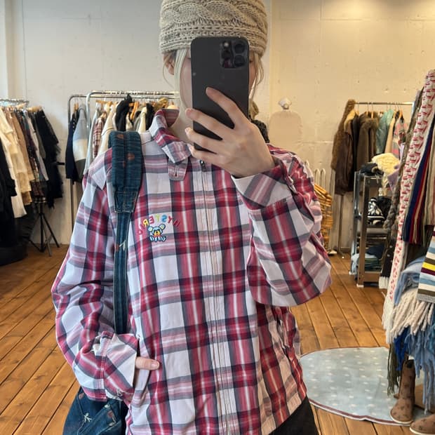 히스테릭글래머 베어 로고 레드 체크 집업