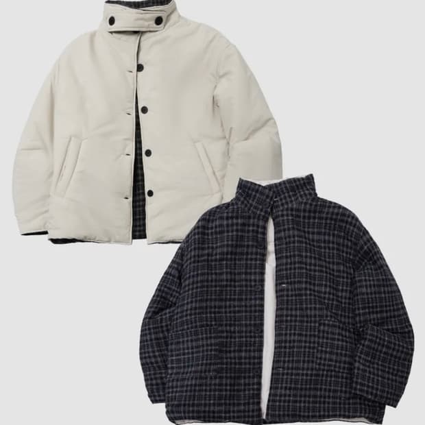 베이직 체크 리버시블 스탠드 하이넥 오버핏 패디드 야상 점퍼 [크림]