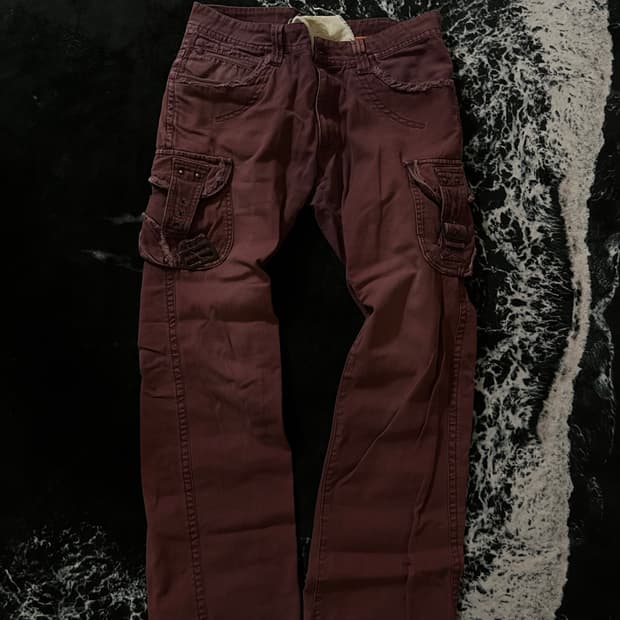 와인색 카고 데님팬츠