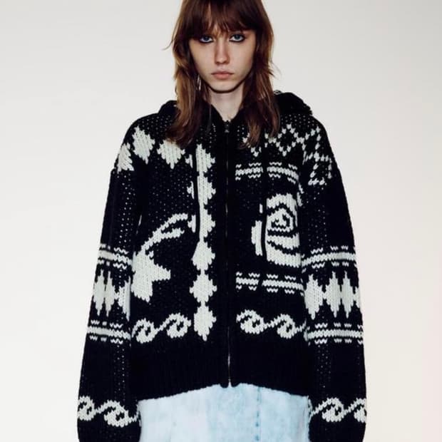 openyy 자카드 니트 후드집업 블랙