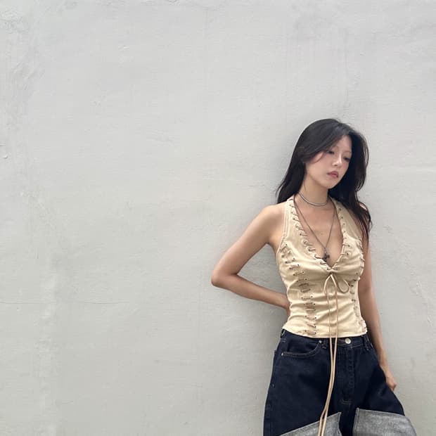 Suede western halter neck top / beige
