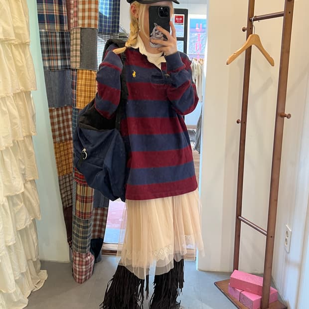 폴로 버건디 스트라이프 카라티