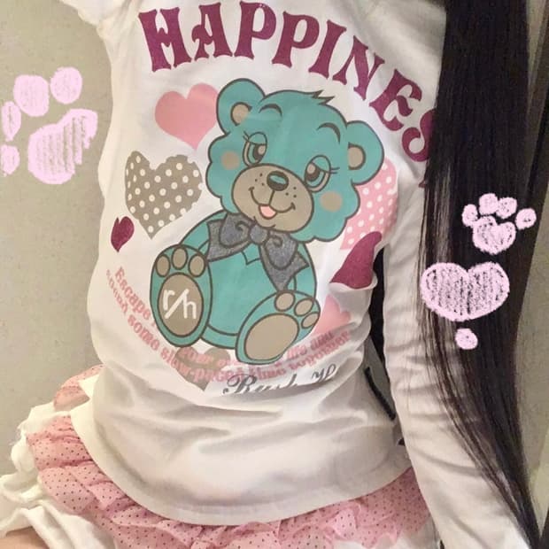 민트베어 도트하트 글리터 레터링 헤이세이 조지후쿠 팝갸루 롱슬리브 티셔츠