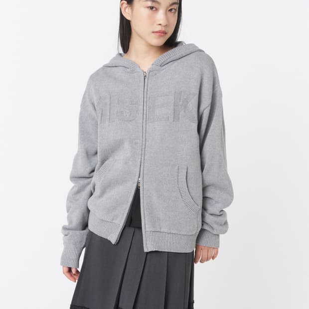 Logo knit hoodie zip-up GREY