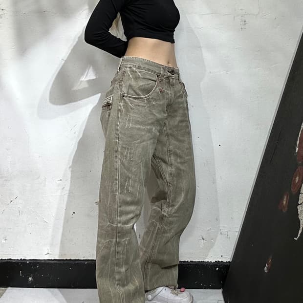 일본 빈티지 oilcake y2k 와이드 워싱 데미지 데님 팬츠 청바지