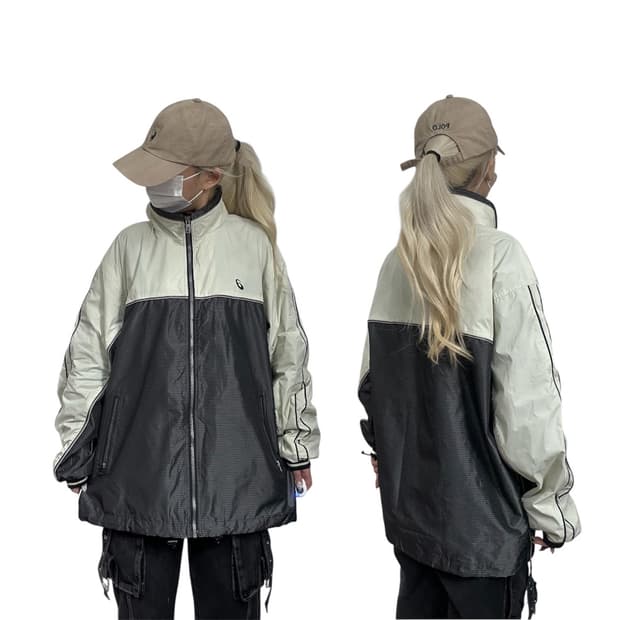 아식스 블랙 아이보리 올드스쿨 오버핏 바람막이 트랙 자켓 L