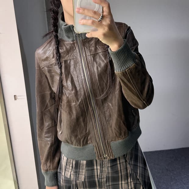 brown leather zip jacket