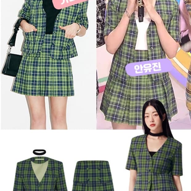 O!Oi COLLECTION 오아이오아이 그린 체크 쵸커 세트 반팔 자켓