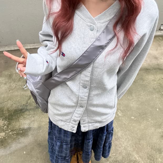 챔피온 그레이 코튼 바시티 자켓 베이스볼 자켓