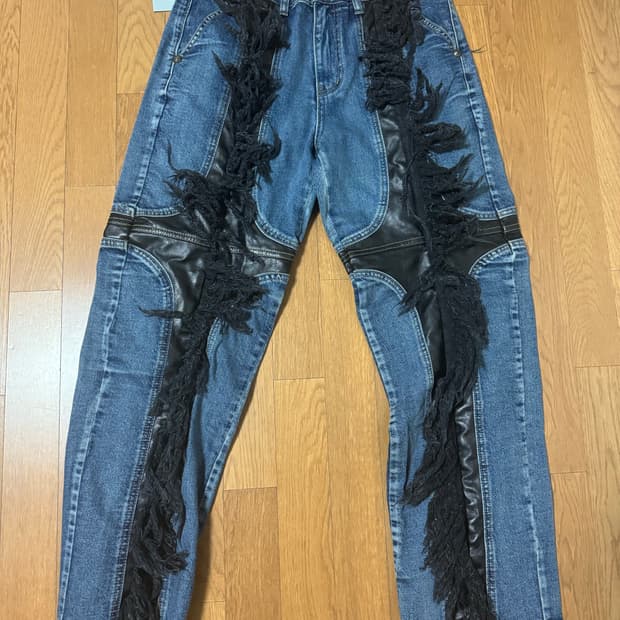 (급처) 떠그클럽 Thug club 모히칸 레더 데님 팬츠 블루 M사이즈