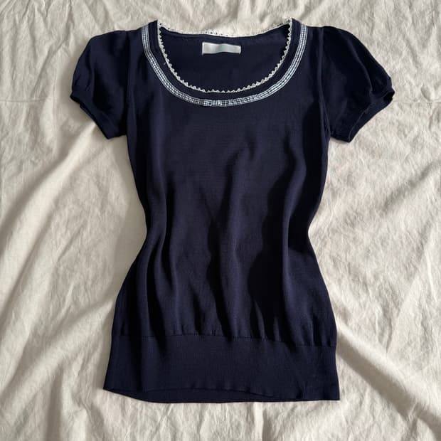 네이비 러블리 로걀 긱시크 반팔탑