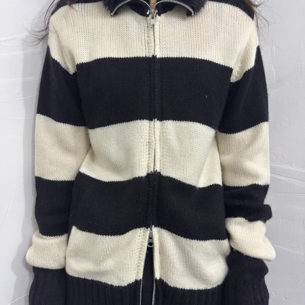 stripe knit twoway zipup