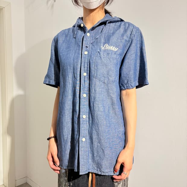 00s Stussy 스투시 후드 반팔 린넨 셔츠