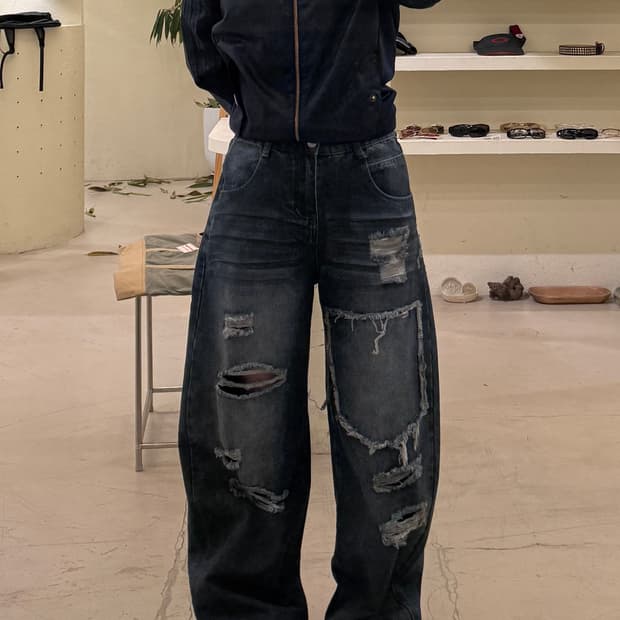 빈티지 데미지 와이드 데님 팬츠 U548